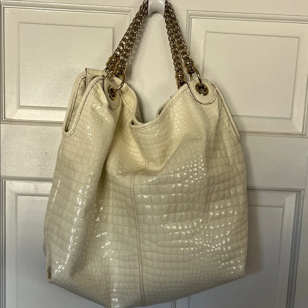 Antonio Melani Cream Croc-Embossed Chain Handle Shoulder Bag